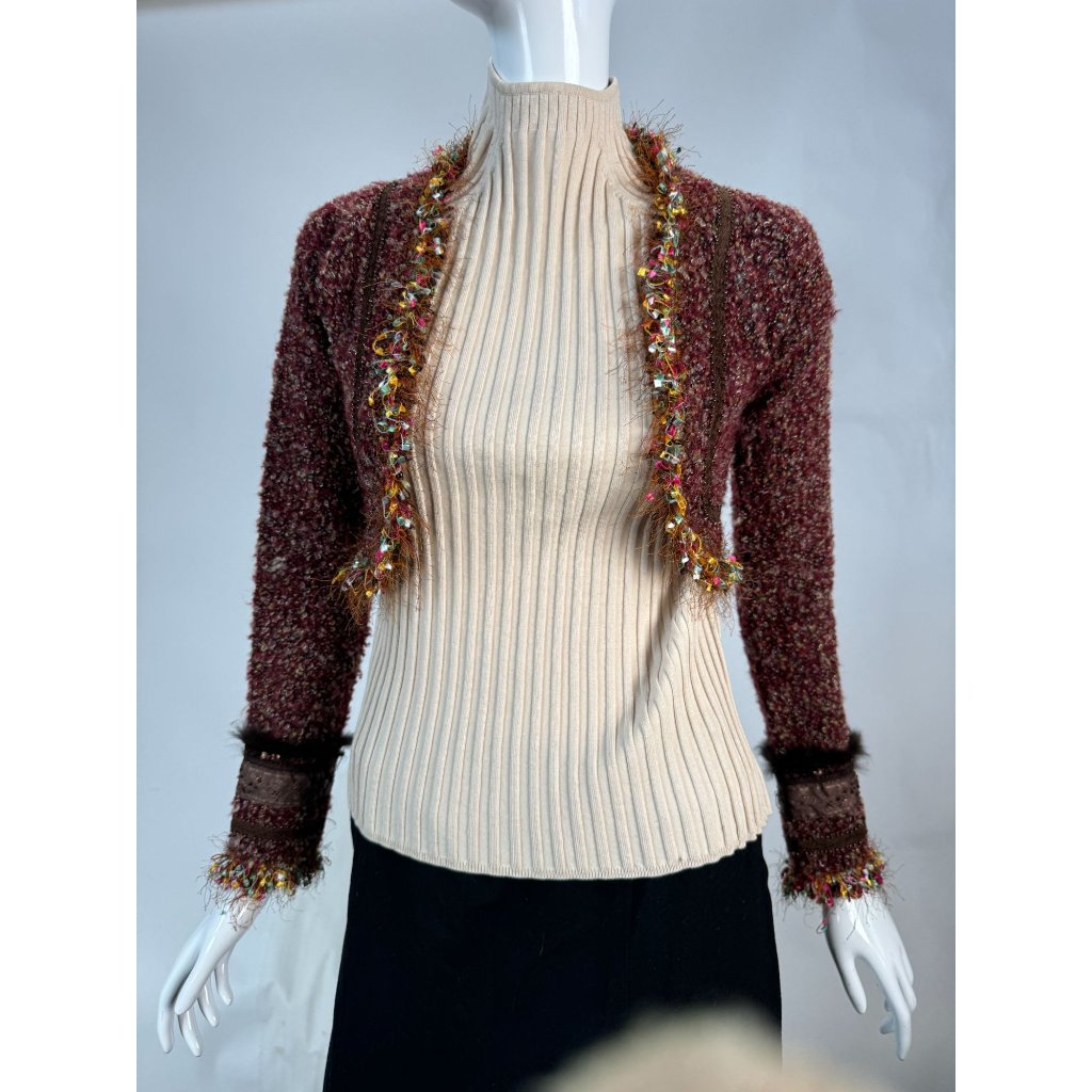 Buffalo David Bitton Xs Womens Textured Multicolor Sequin & Fringe Bolero Sweate
